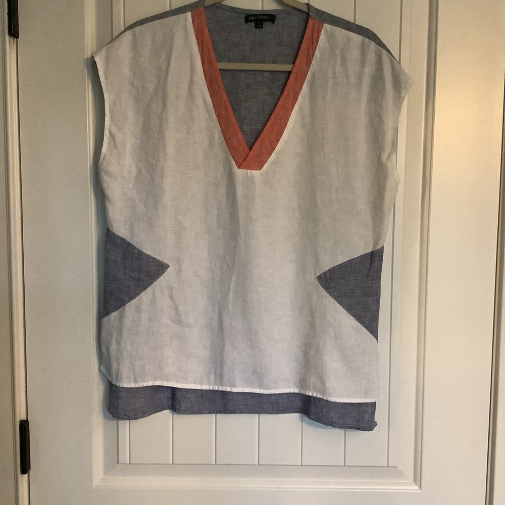 For Cynthia White Linen Tunic with Blue Panels and Coral Red V-Neck